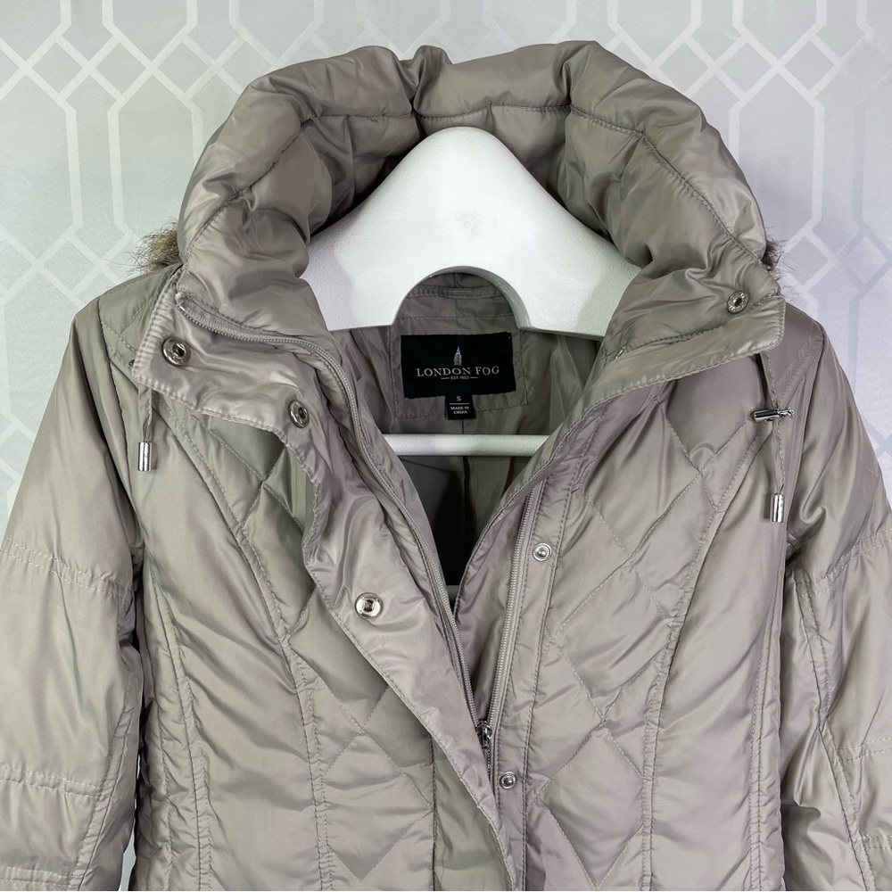 London Fog Diamond Quilt Faux Fur Trim Hooded Puffer Jacket Taupe Beige Size S